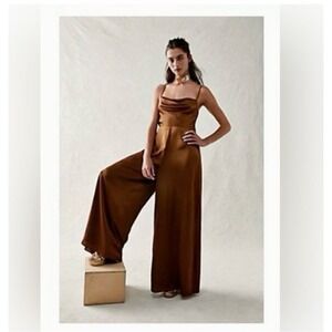 BHLDN Fame and Partners Jumpsuit 4 Mauve Satin Wide Leg‎ Bridesmaid Feminine